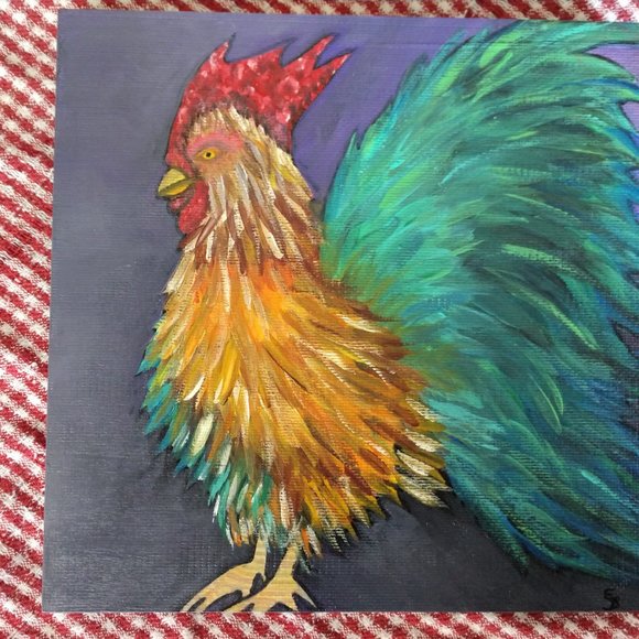 Handmade Painting Of A Rooster On 8x8 Wooden Square Canvas Hand Painted Chicken - Picture 12 of 16